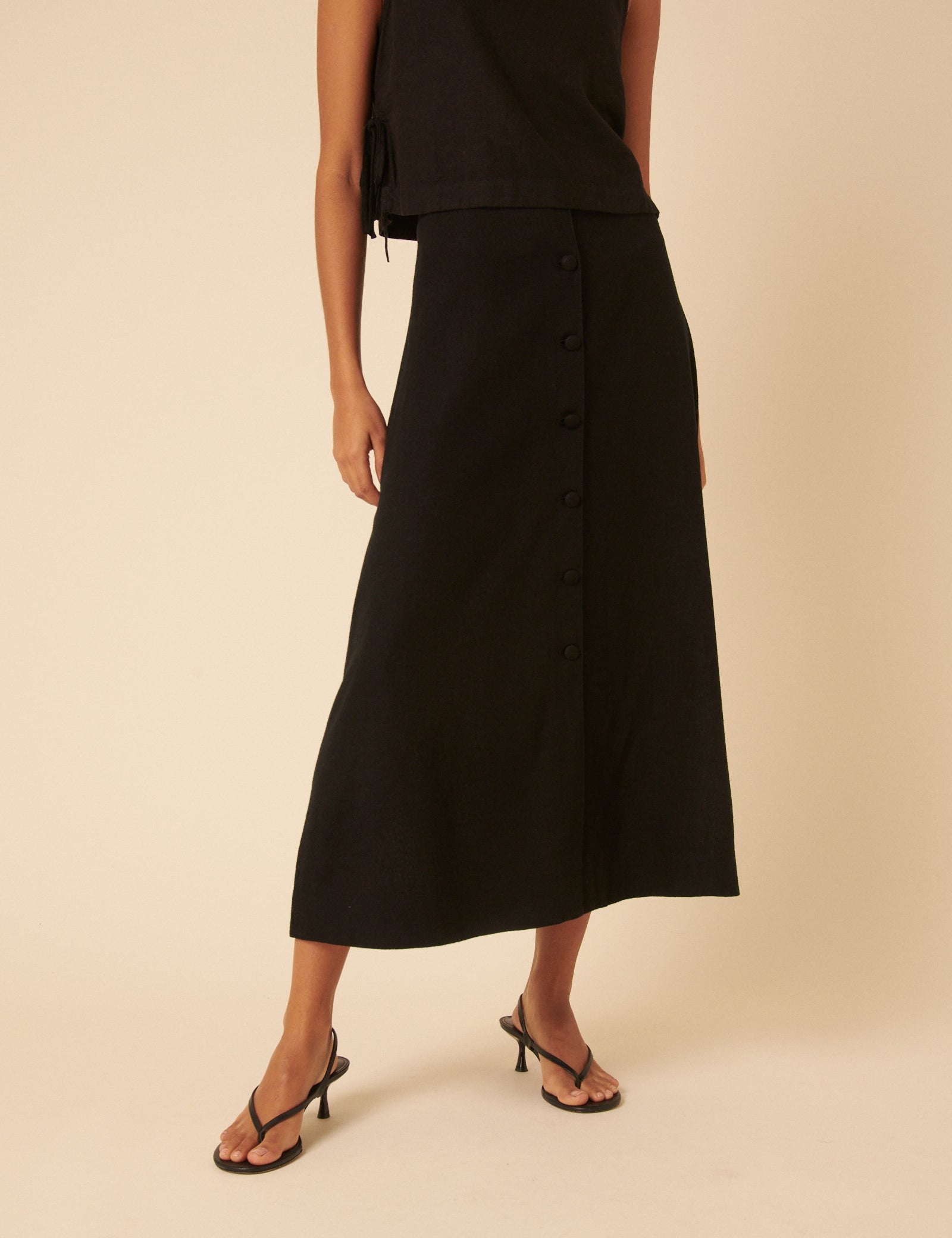 Black Linen-Blend Button Down Midi Skirt
