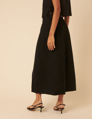 Black Linen-Blend Button Down Midi Skirt