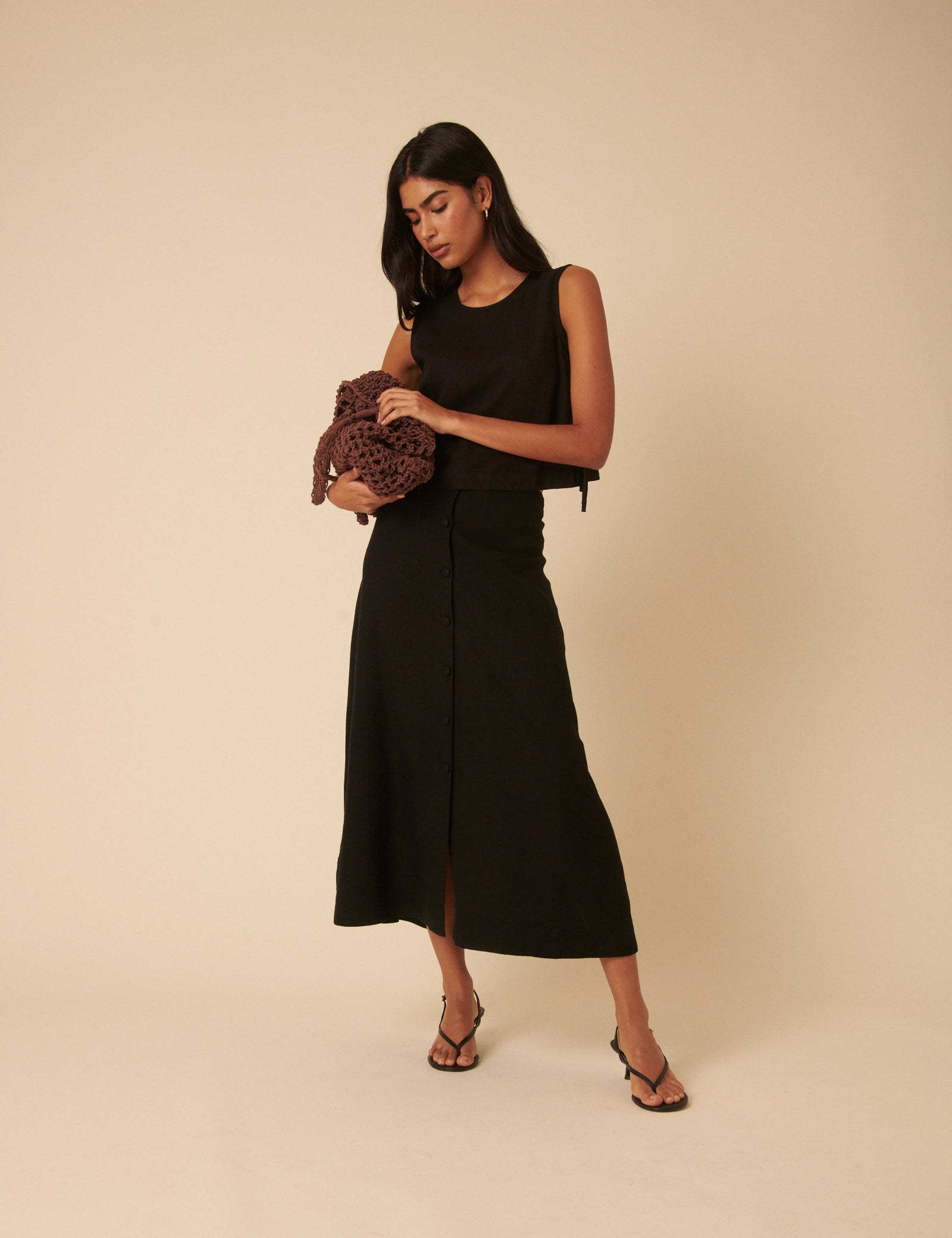 Black Linen-Blend Button Down Midi Skirt
