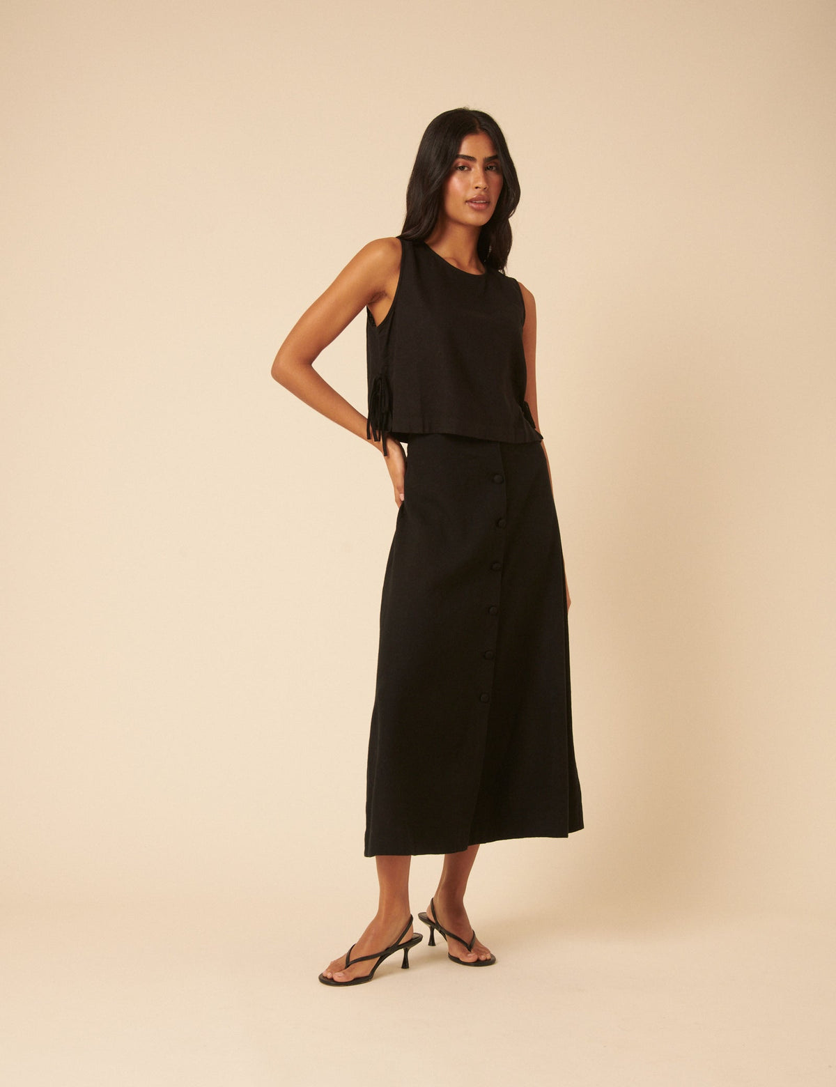 Black Linen-Blend Button Down Midi Skirt