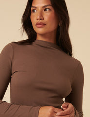 Brown Ribbed High Neck Long Sleeve Top