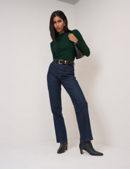 Forest Green Ribbed High Neck Long Sleeve Top