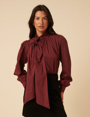 NC x Lisou Burgundy Tie Neck Long Sleeve Blouse