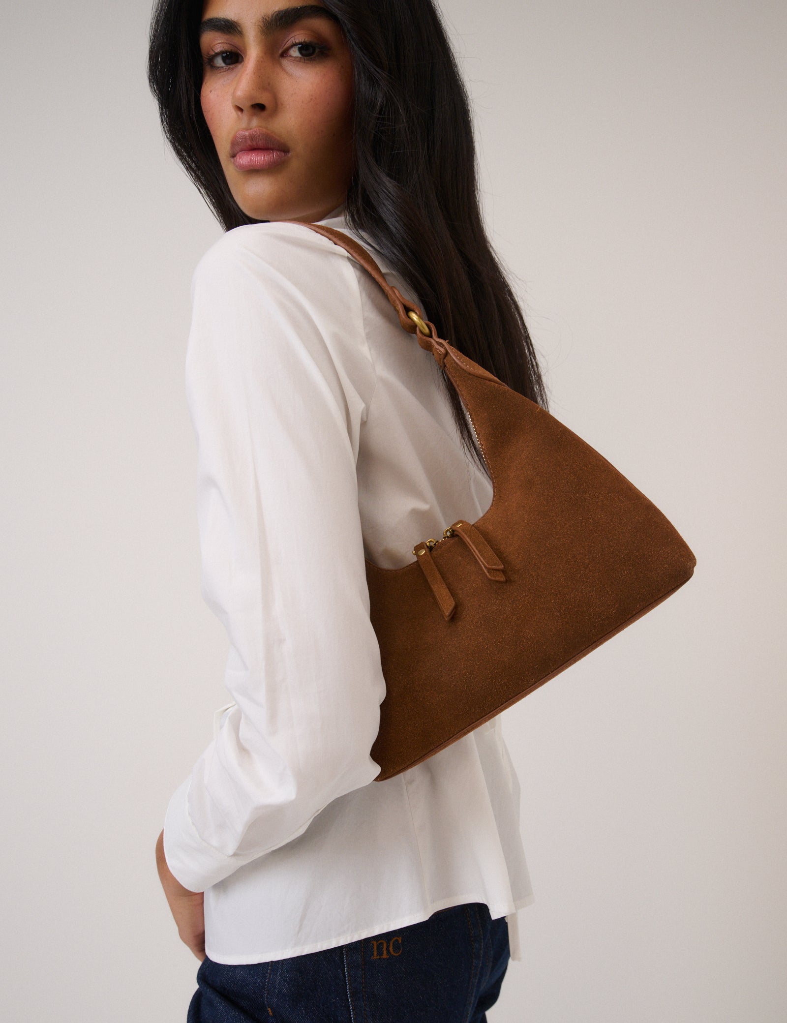 Tan Suede Dipped Shoulder Bag