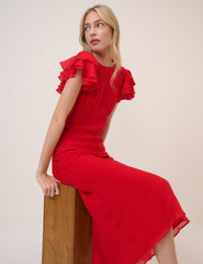 Red Frill Sleeve Lola Midi Dress