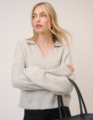 Grey Open Collar Polo Knitted Jumper