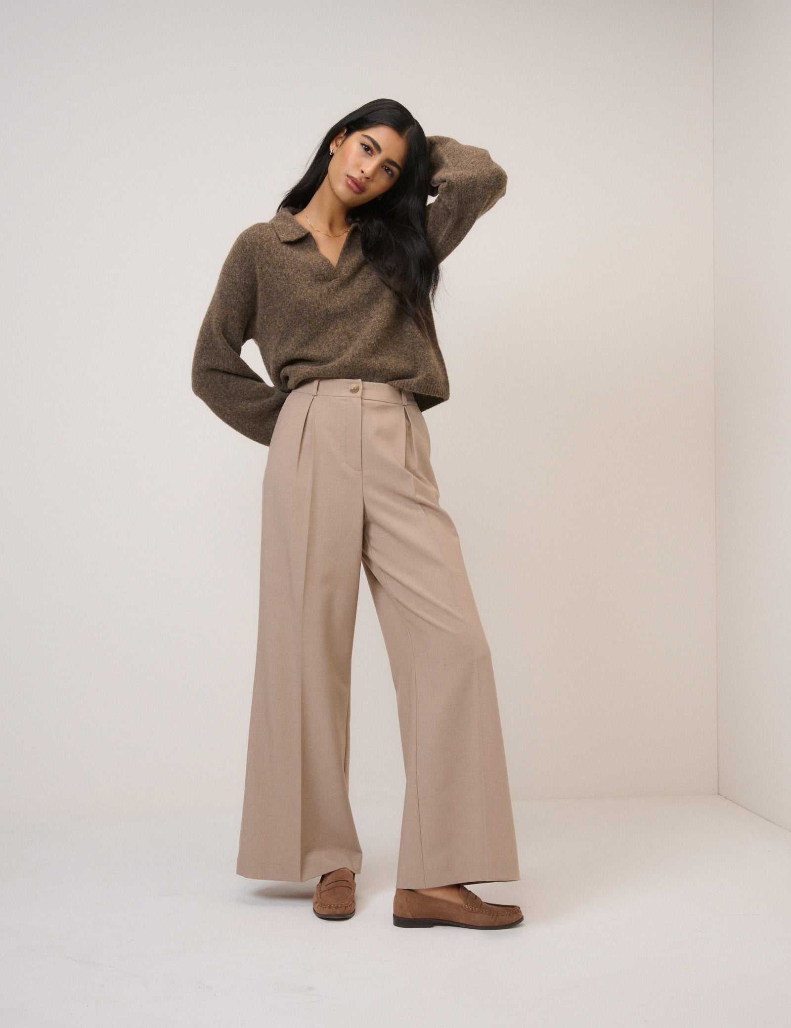 Brown Open Collar Polo Knitted Jumper