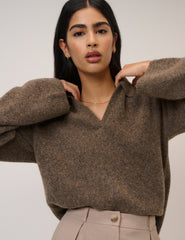 Brown Open Collar Polo Knitted Jumper