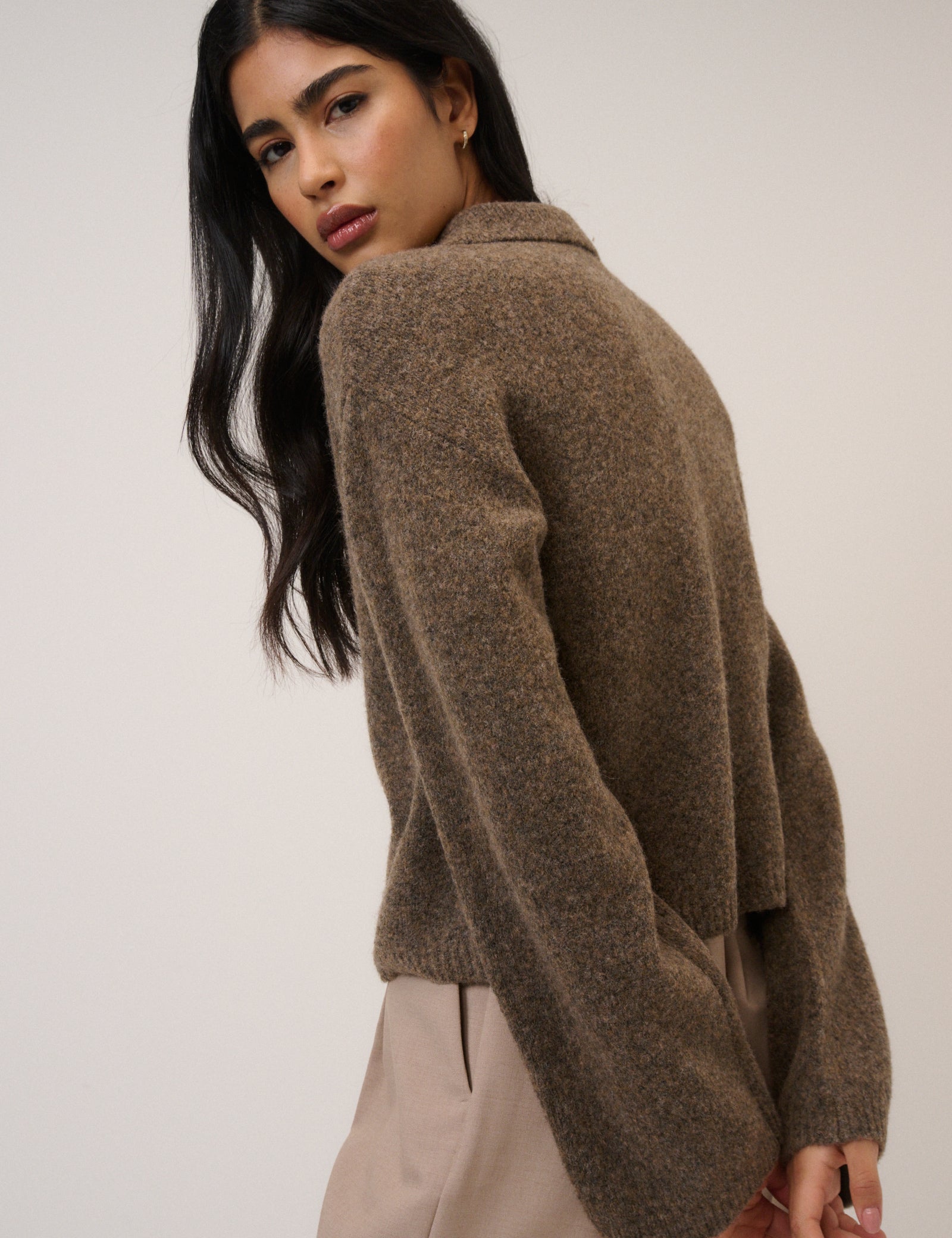 Brown Open Collar Polo Knitted Jumper