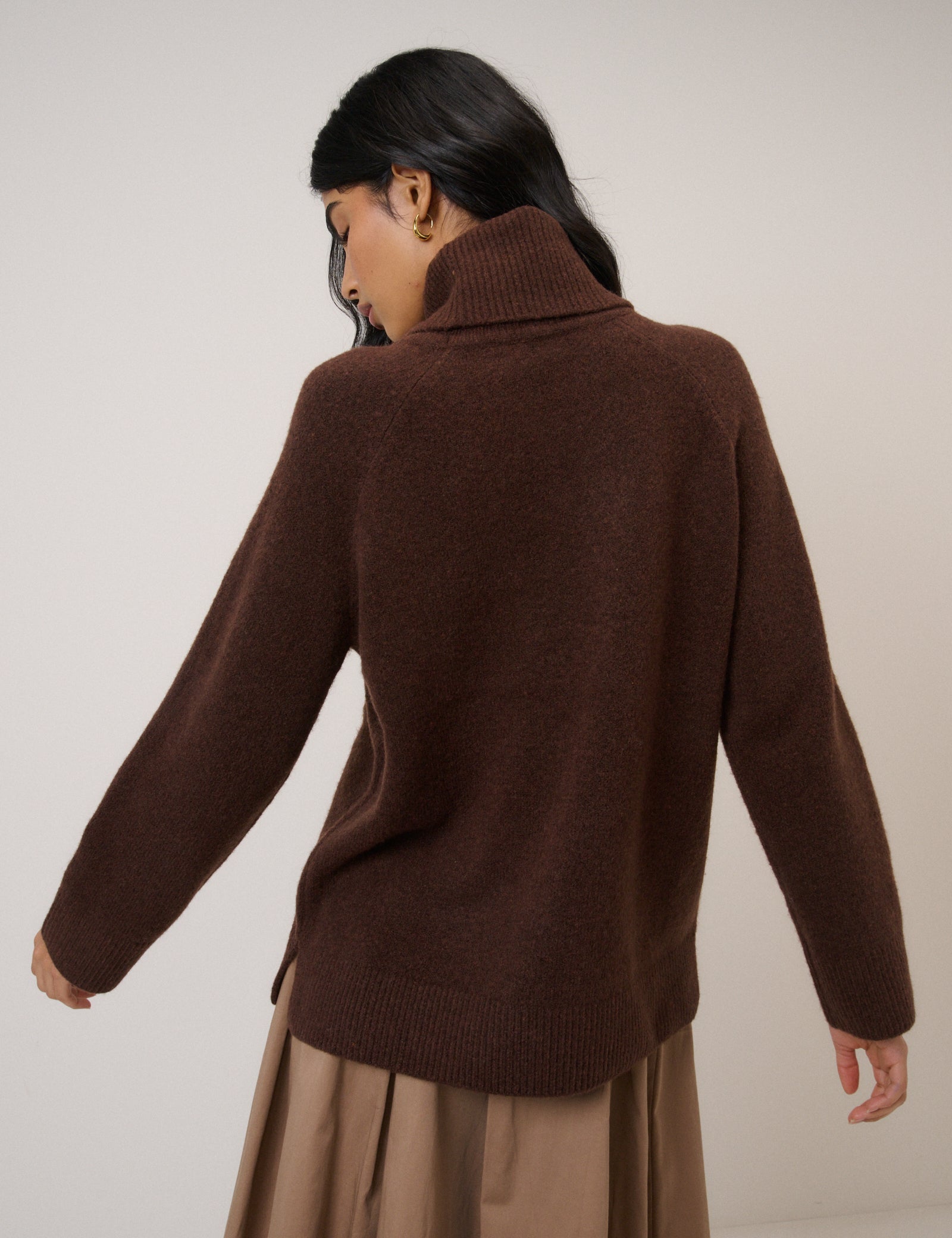 Chocolate Brown Roll Neck Longline Jumper