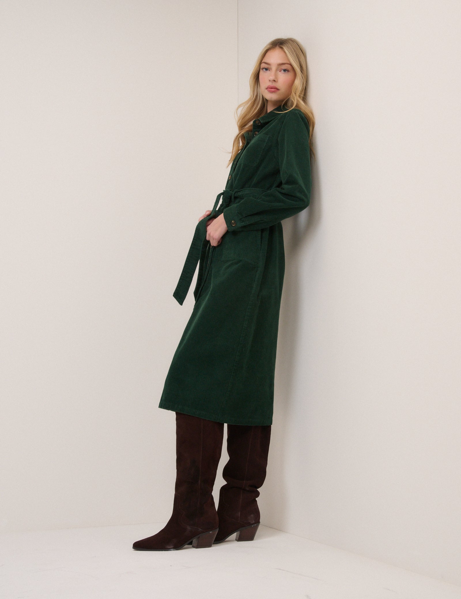 Green Cord Tie Waist Lizzy Midi Dress