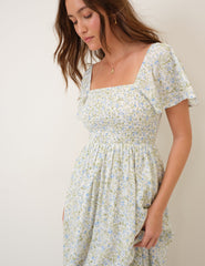 Blue Floral Shirred Bella Midi Dress