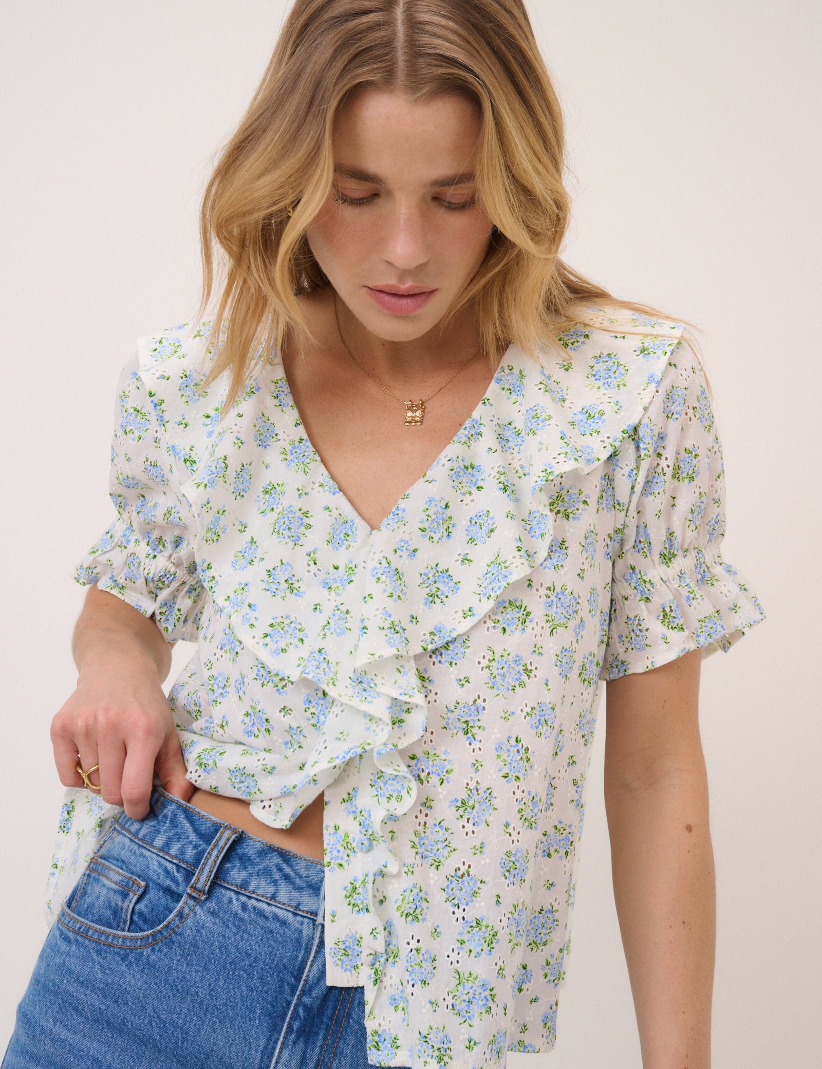 White Floral Ruffle Trim Top