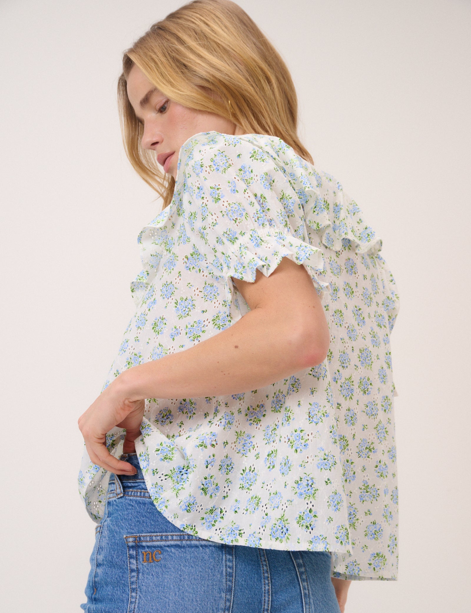 White Floral Ruffle Trim Top