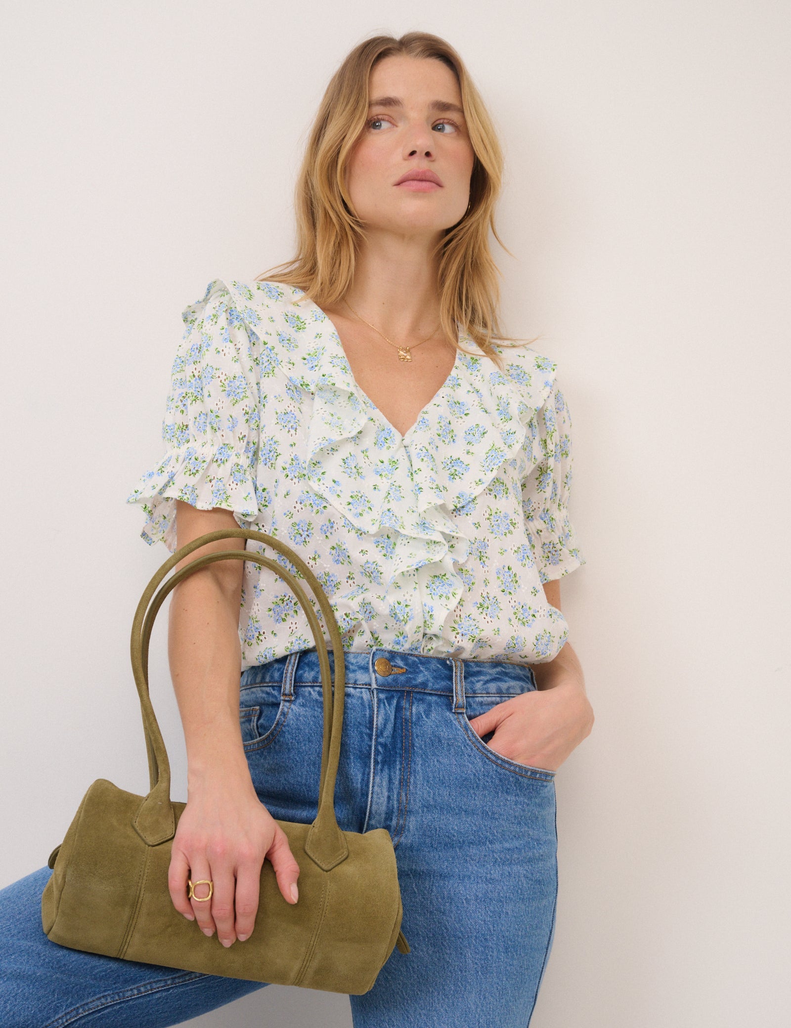 White Floral Ruffle Trim Top