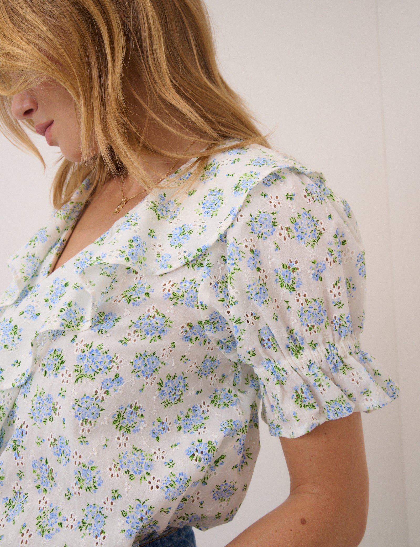 White Floral Ruffle Trim Top
