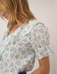 White Floral Ruffle Trim Top