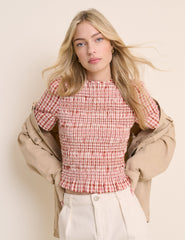 Red and Pink Gingham Shirred Top