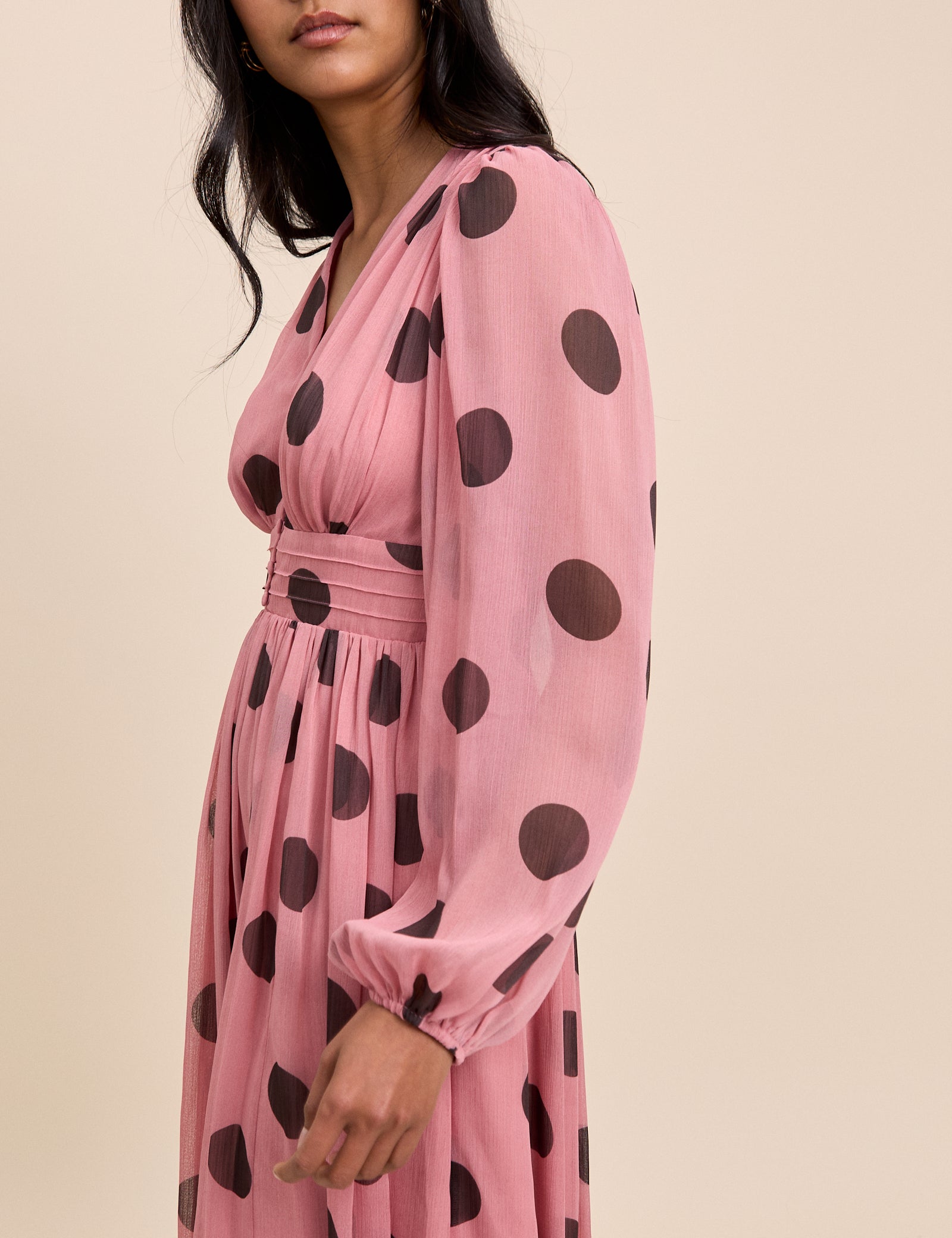 Pink Polka Dot Balloon Sleeve Anya Midi Dress
