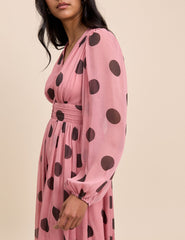 Pink Polka Dot Balloon Sleeve Anya Midi Dress