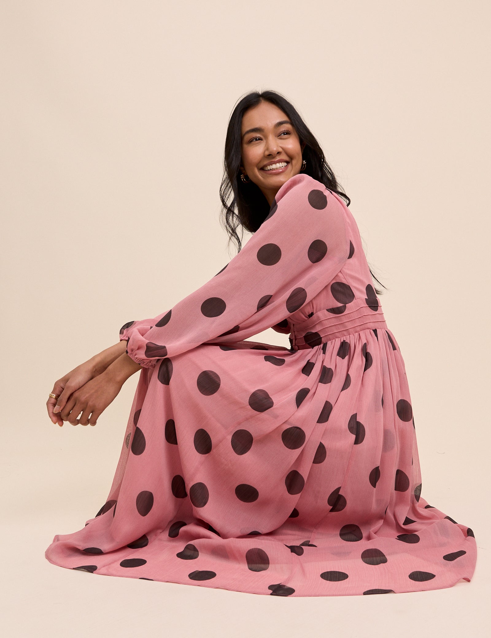 Pink Polka Dot Balloon Sleeve Anya Midi Dress