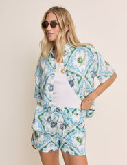Blue Ocean Print Linen-Blend Top & Shorts Set