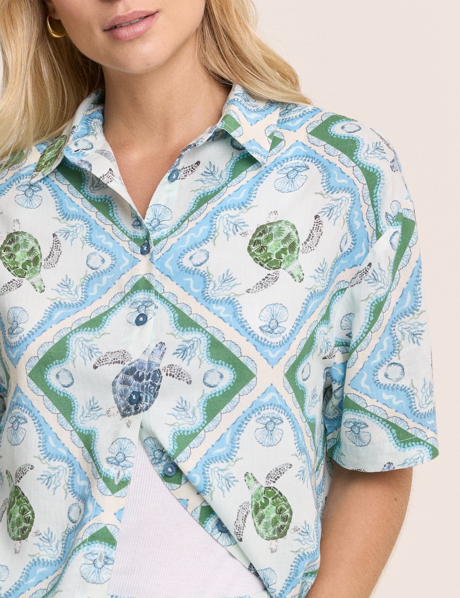 Blue Ocean Print Linen-Blend Shirt