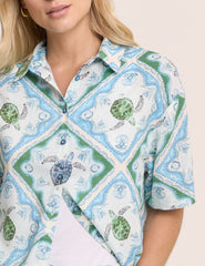 Blue Ocean Print Linen-Blend Shirt