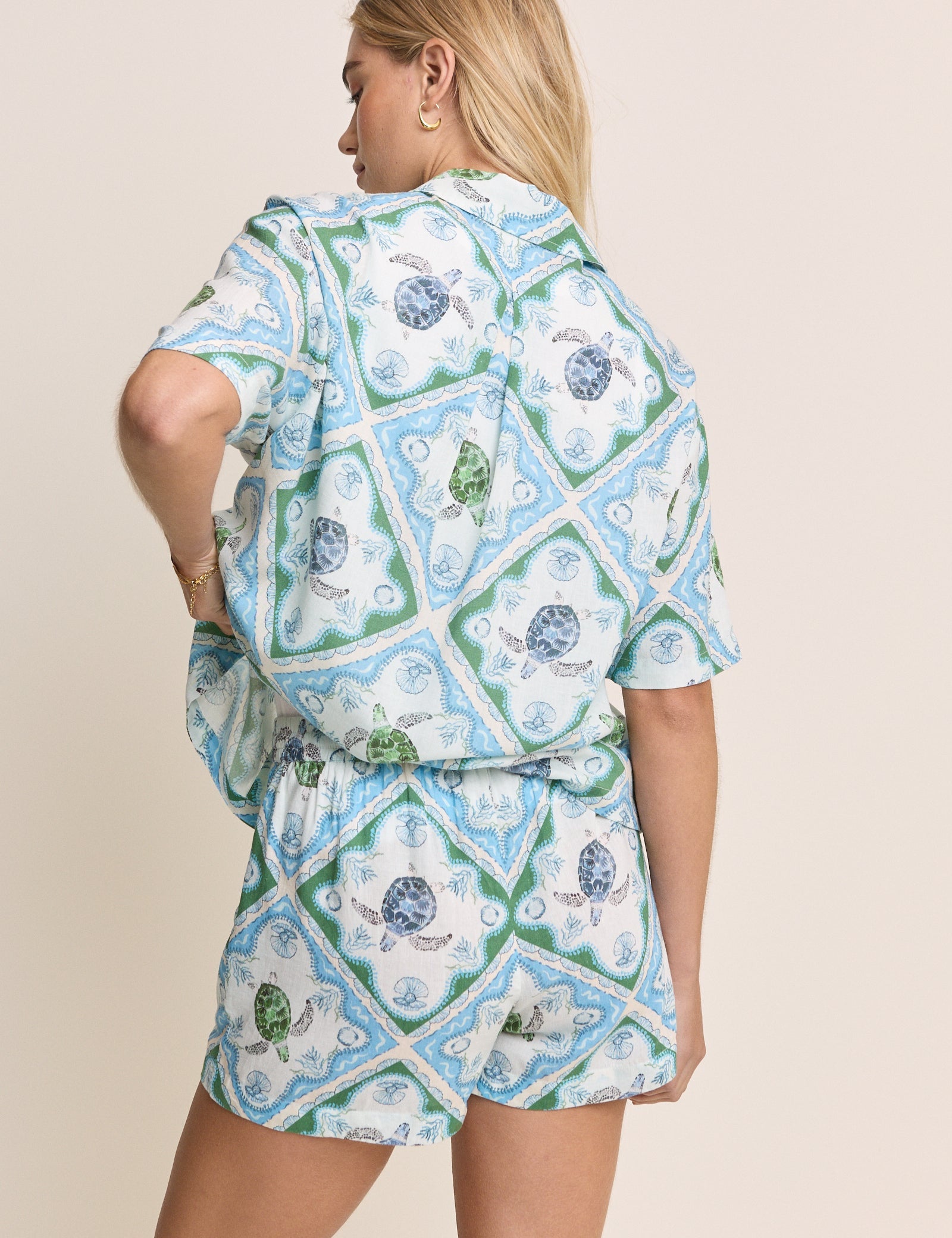 Blue Ocean Print Linen-Blend Top & Shorts Set