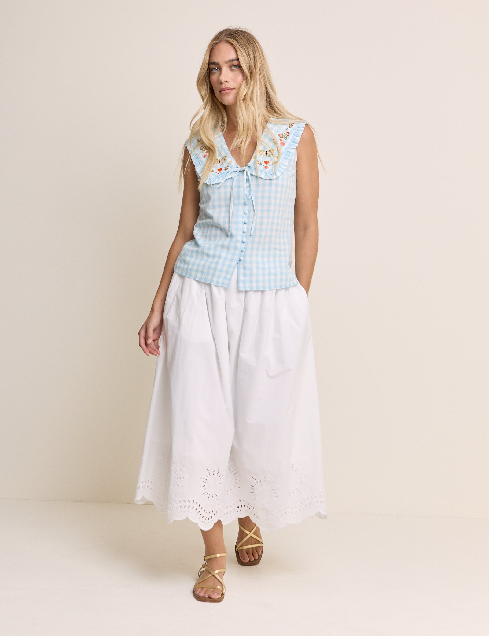 Blue Gingham Embroidered Birdie Blouse