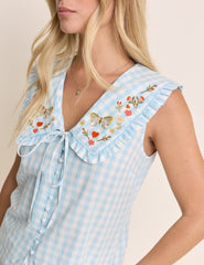 Blue Gingham Embroidered Birdie Blouse