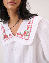 White Floral Collar Embroidered Blouse