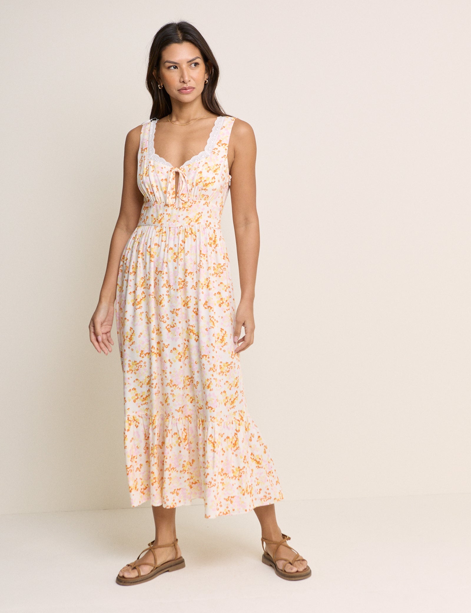 White Ditsy Floral Tiered Heather Midi Dress