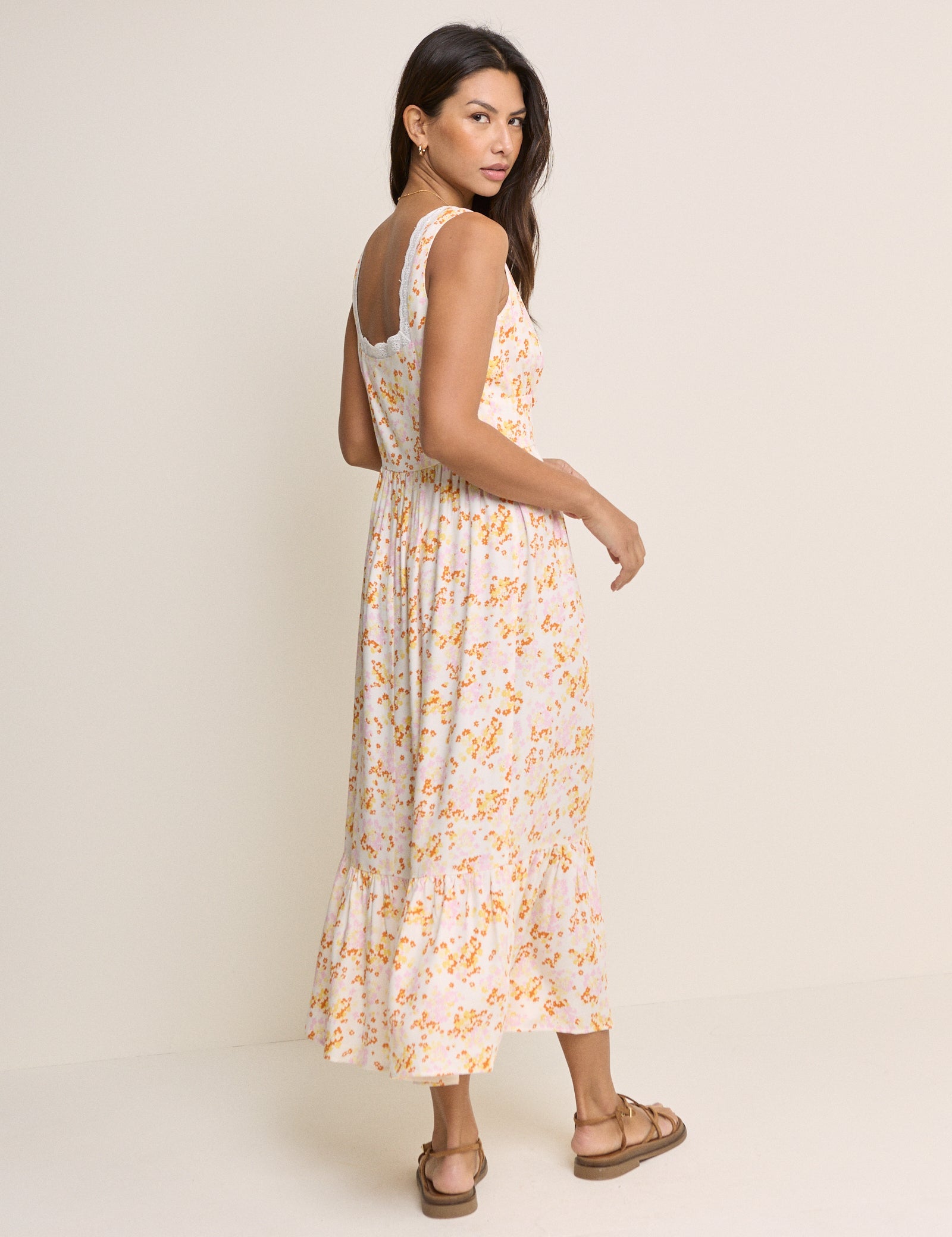 White Ditsy Floral Tiered Heather Midi Dress