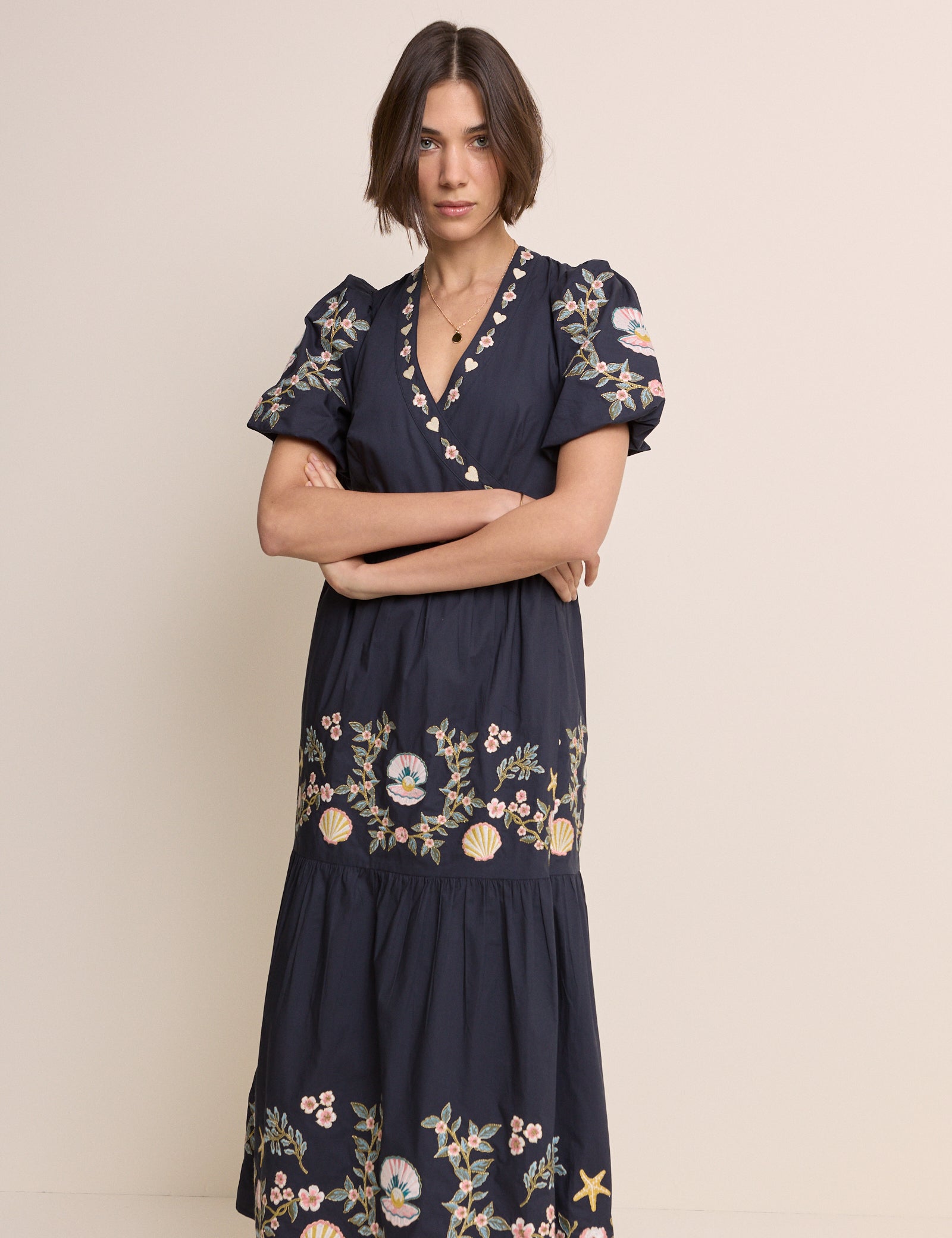 Navy Embroidered Tiered Jayden Midi Dress