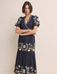 Navy Embroidered Tiered Jayden Midi Dress