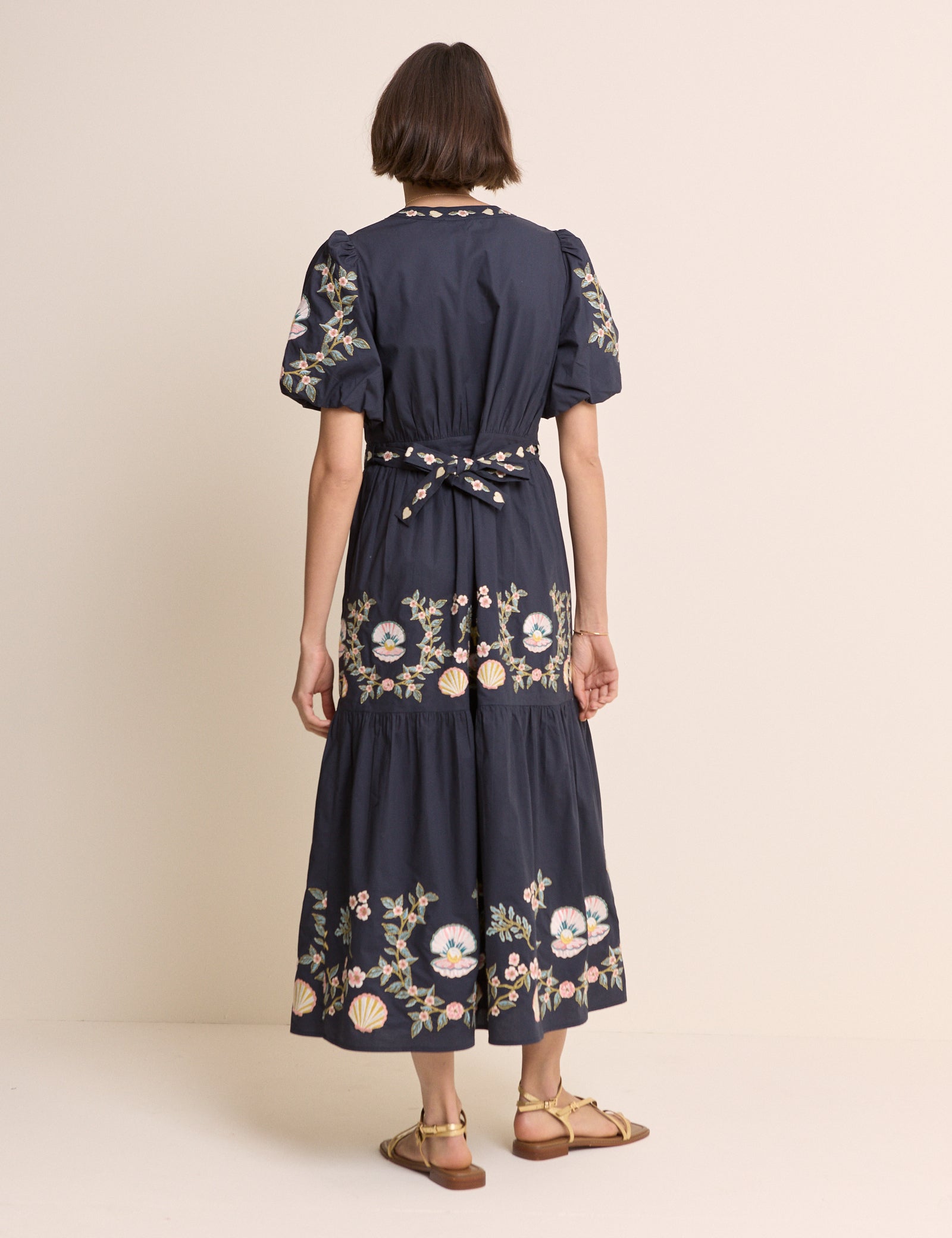 Navy Embroidered Tiered Jayden Midi Dress