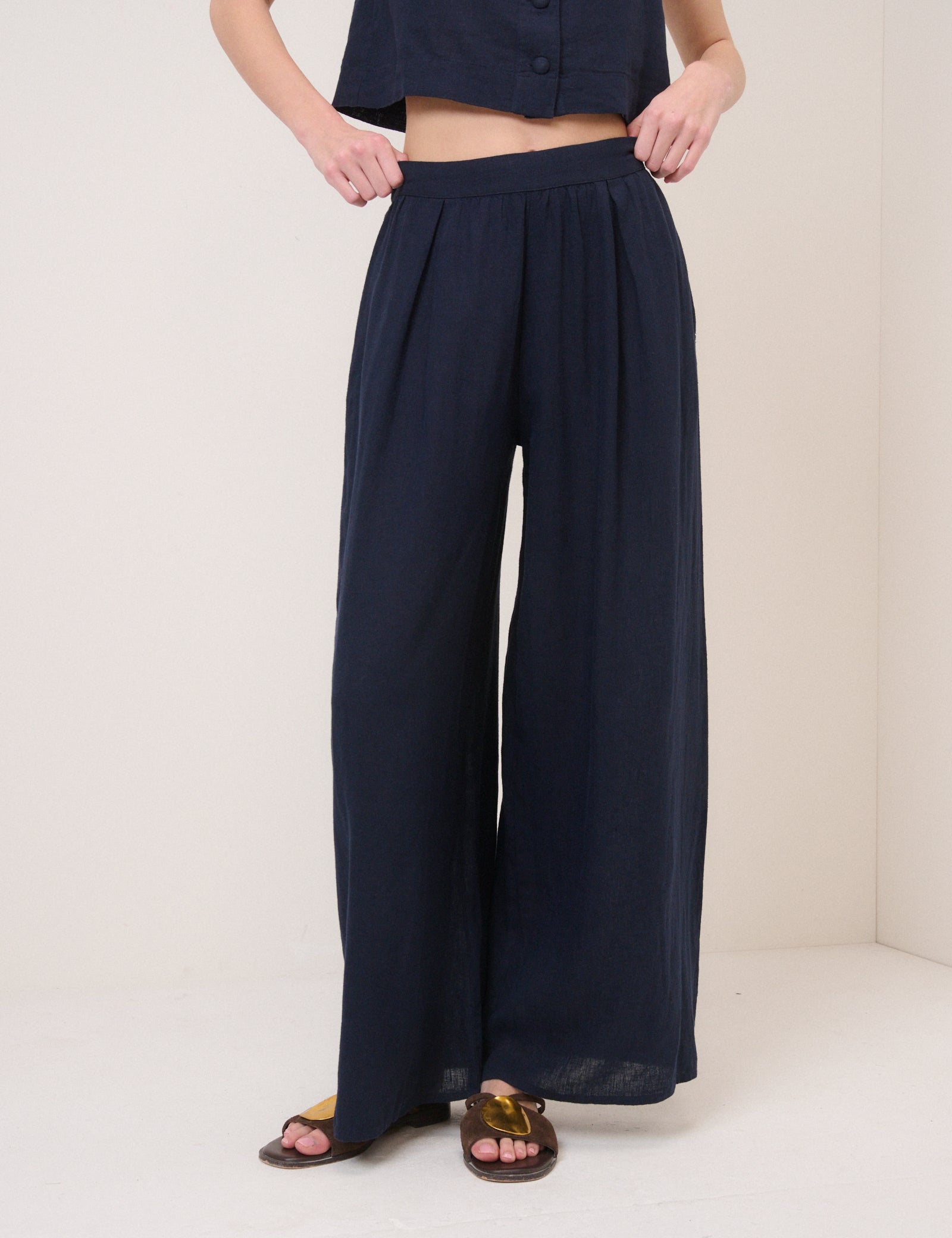 Navy Linen-Blend Top & Trousers Set