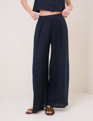 Navy Linen-Blend Top & Trousers Set