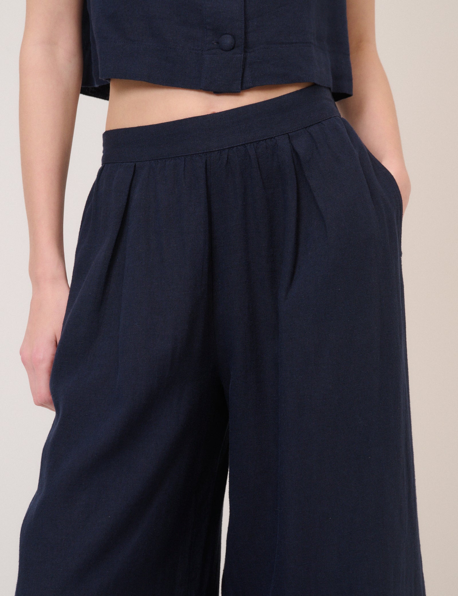 Navy Linen-Blend Top & Trousers Set