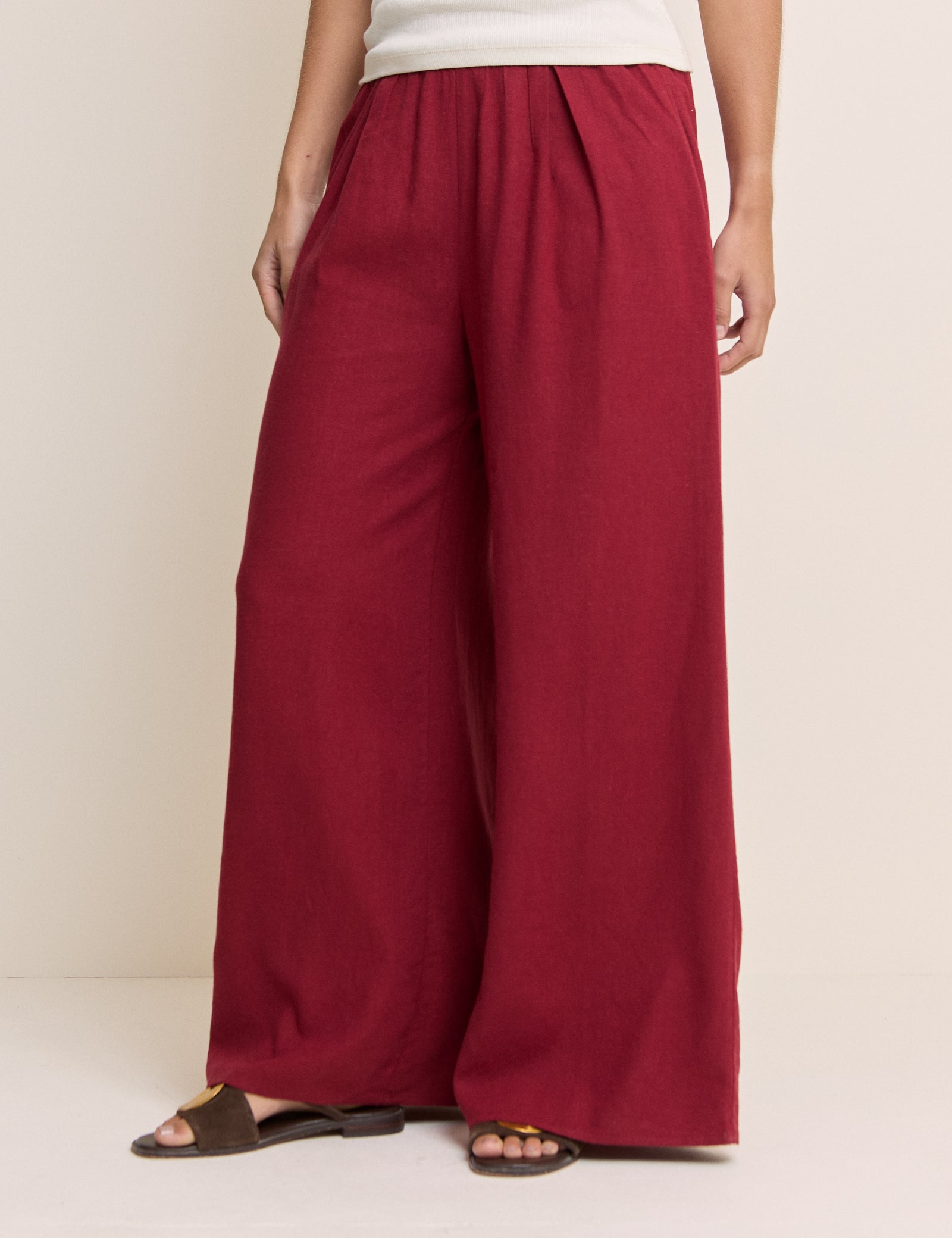 Burgundy Linen-Blend Wide Leg Jerrow Trousers