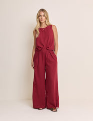 Burgundy Linen-Blend Wide Leg Jerrow Trousers