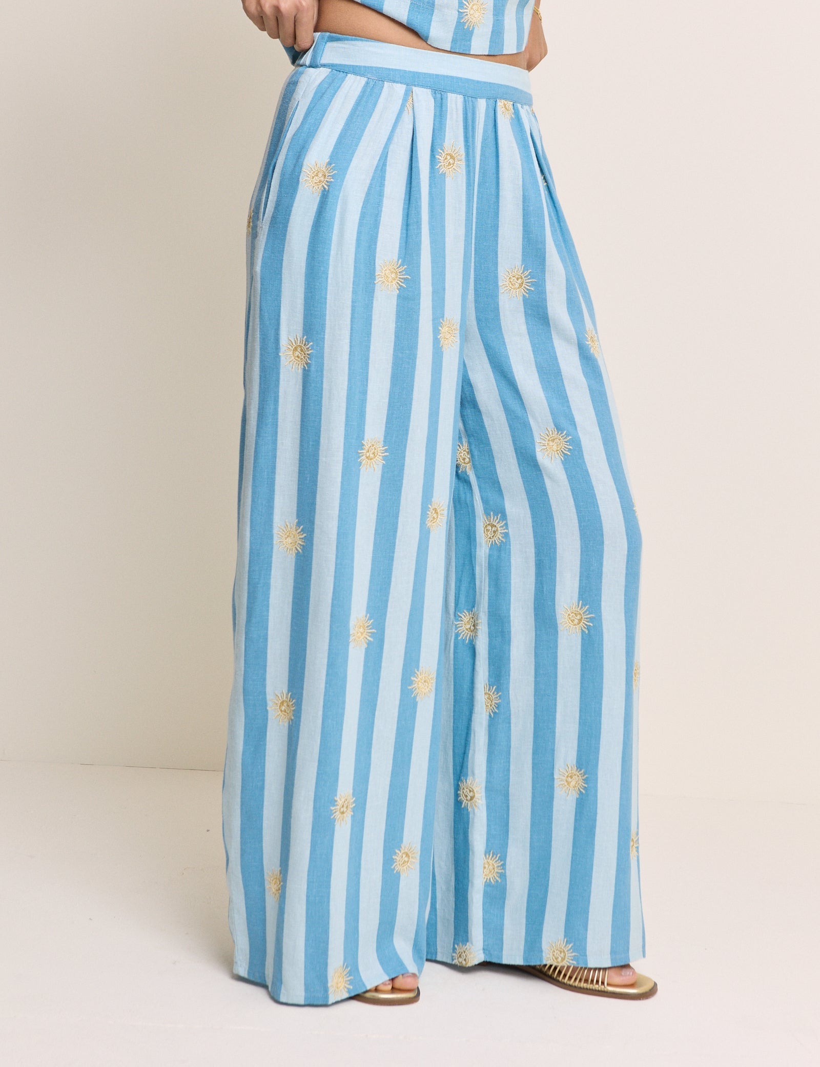 Blue Striped Linen-Blend Wide Leg Trousers