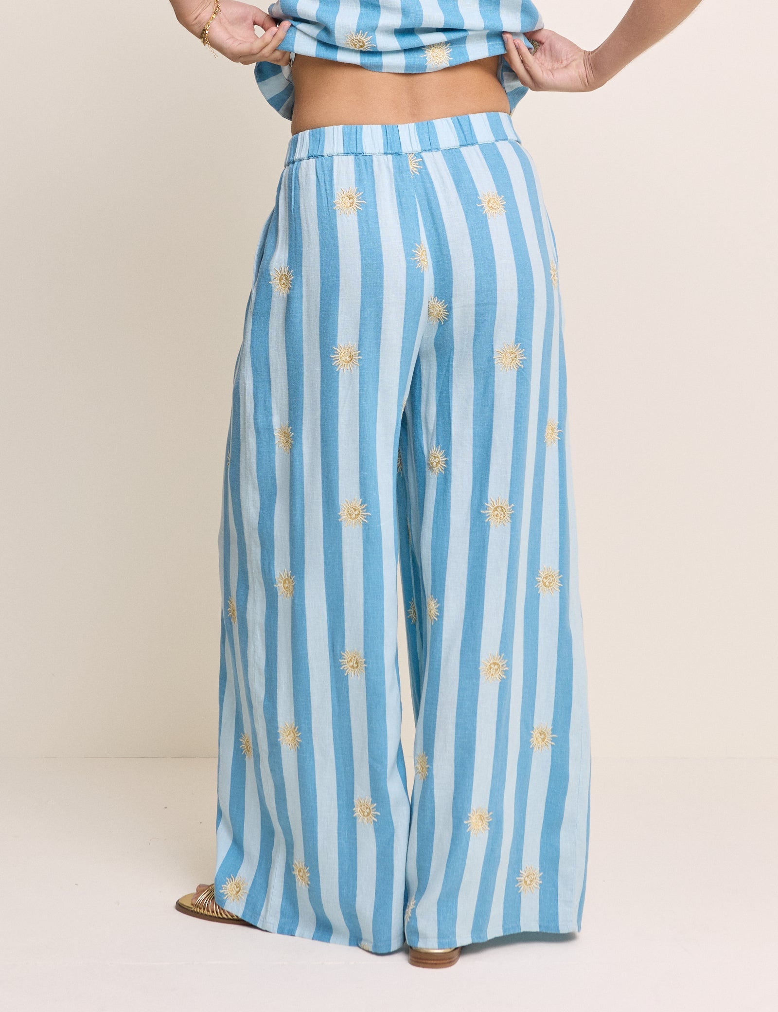 Blue Striped Linen-Blend Wide Leg Trousers