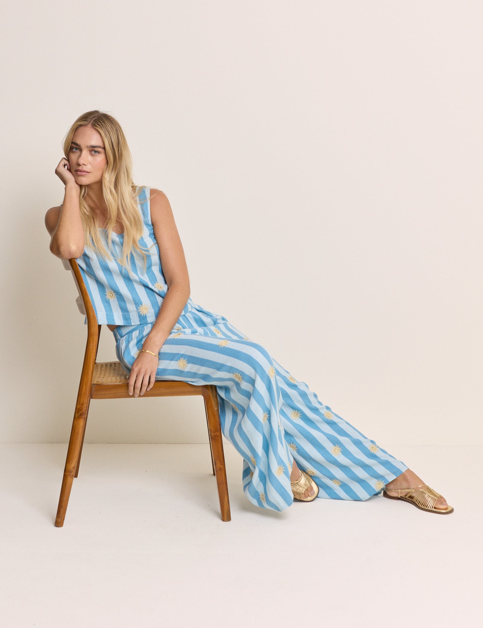 Blue Striped Linen-Blend Top & Trousers Set