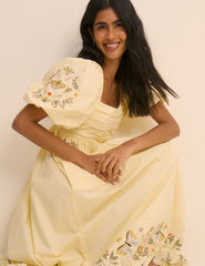 Butter Yellow Embroidered Pleated Nova Midi Dress