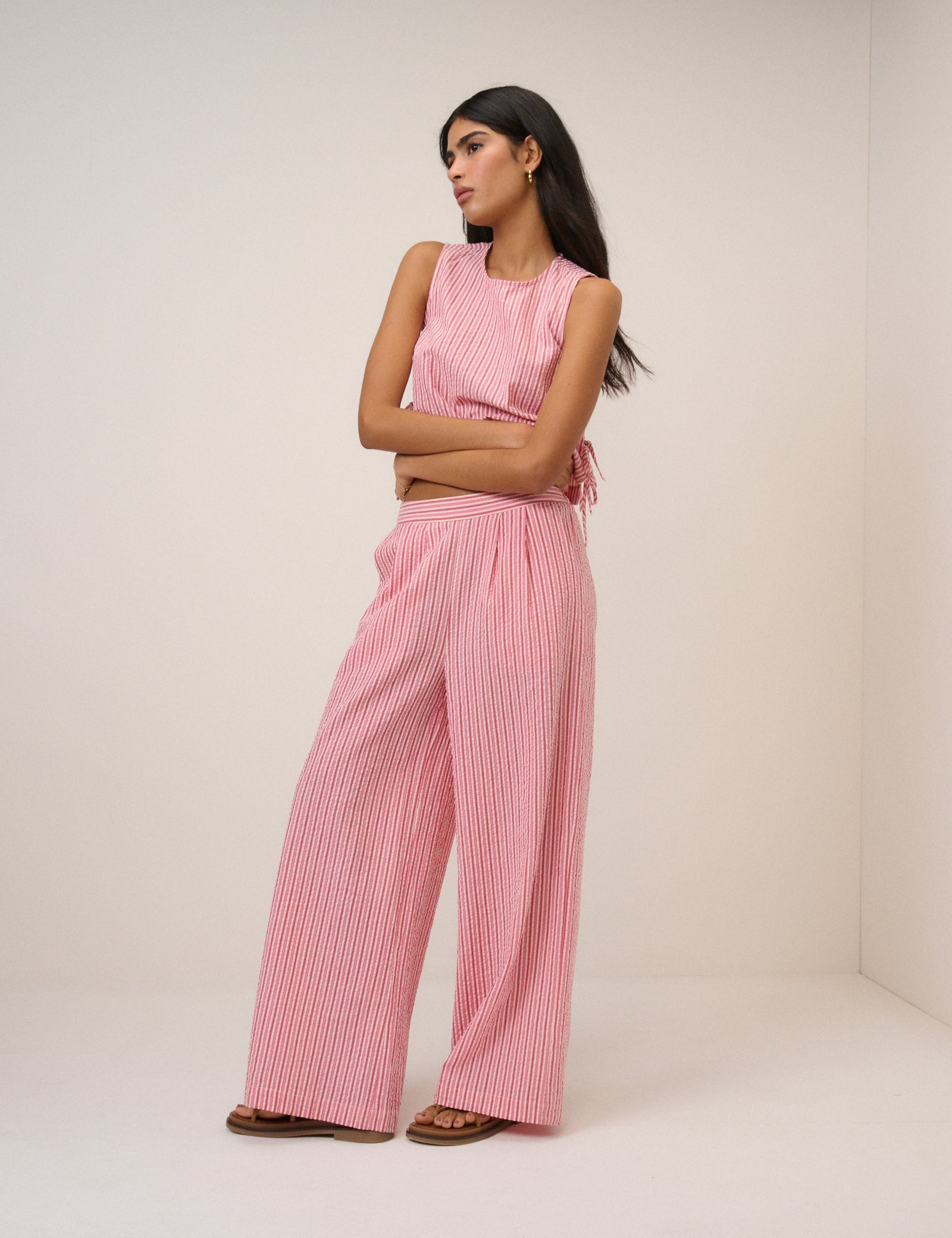 Pink Pinstripe Wide Leg Trousers