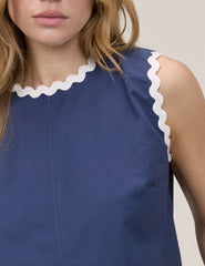 Dark Blue Ric Rac Trim Sleeveless Swing Top