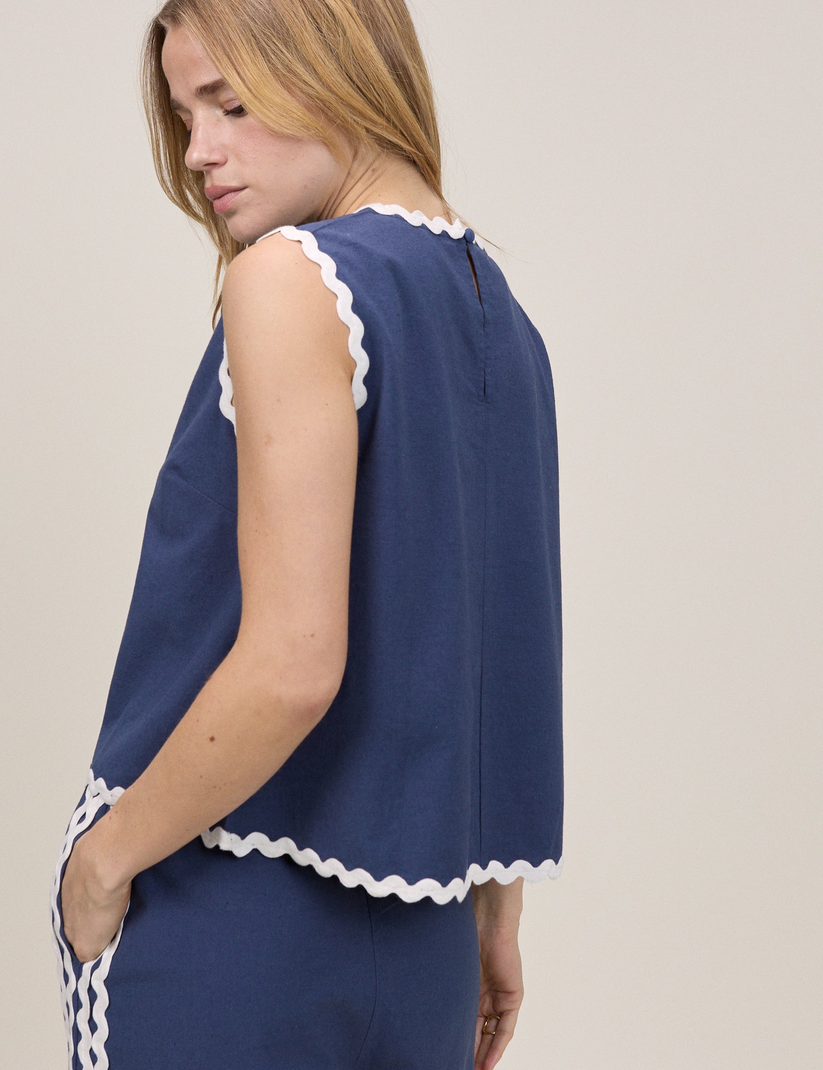 Dark Blue Ric Rac Trim Sleeveless Swing Top