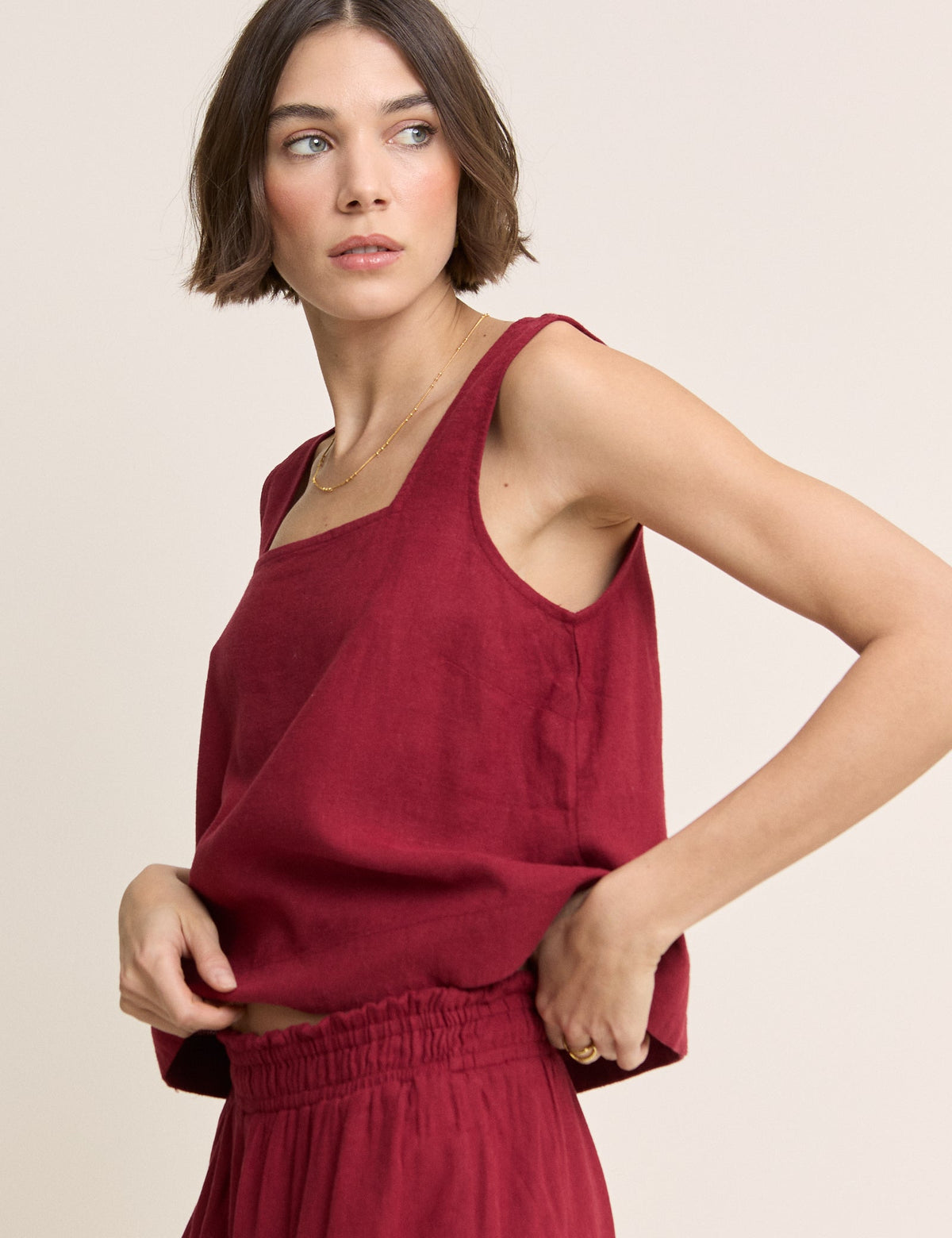 Red Linen-Blend Swing Top